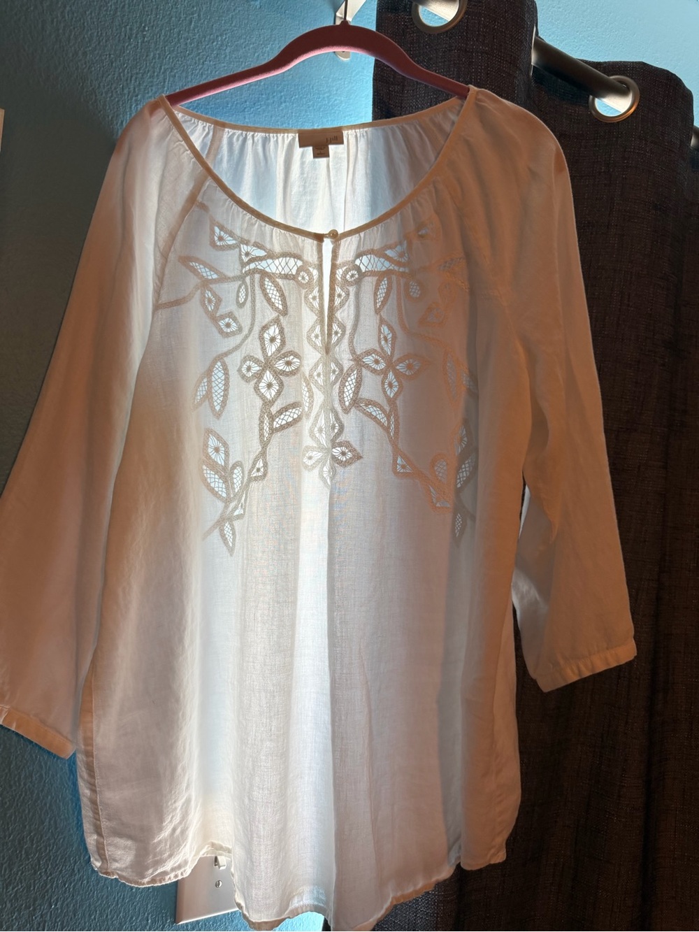 J. Jill Women's White Cotton Linen Cutout Embroidered Peasant Blouse Size Large